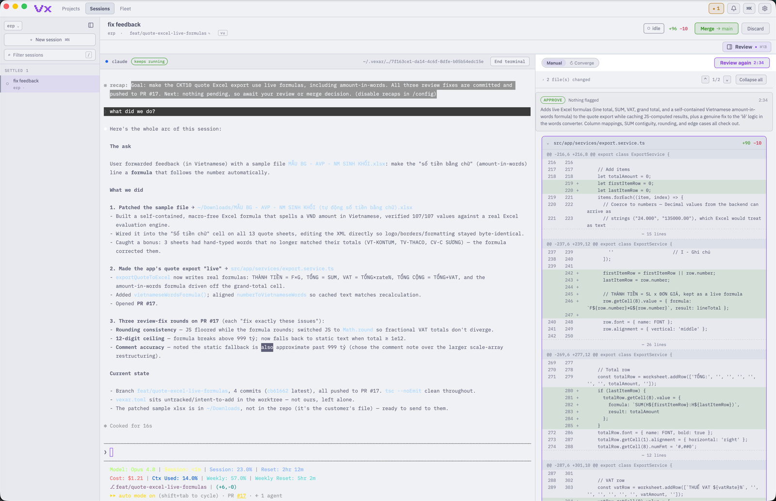 Vexar's merge gate in its light theme: a session's terminal on the left, the diff beside it with the reviewer's findings anchored to the changed lines.